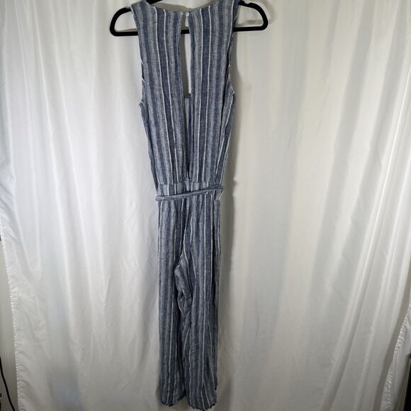Cloth and Stone Linen Blend Romper Women's Small Blue Striped Open Back Tie - Picture 9 of 13